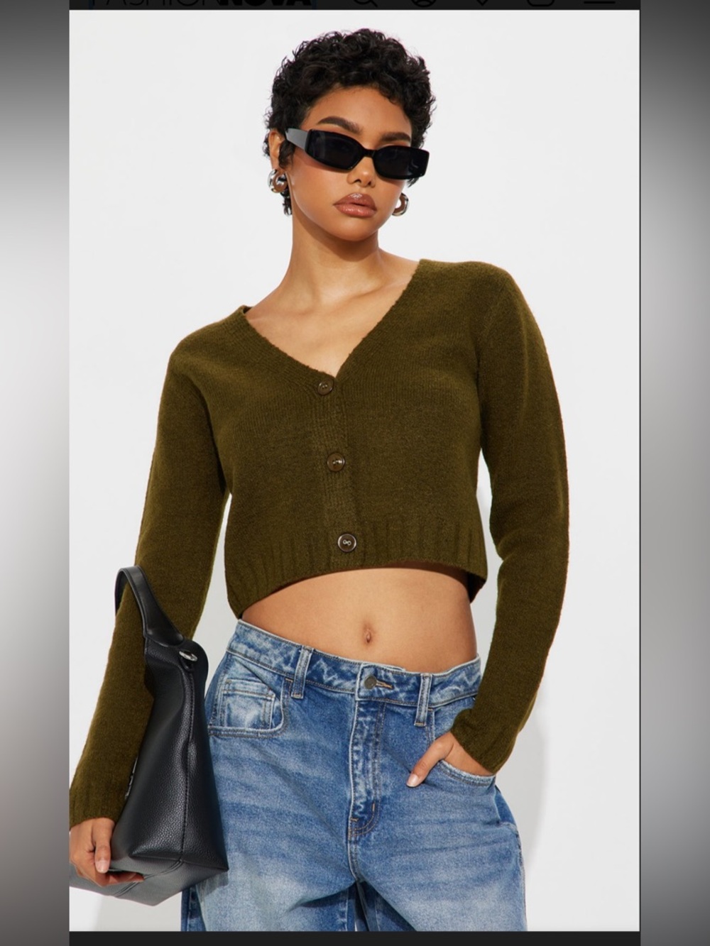 Fashion Nova “Warm Me Up” Olive Green Cropped V-Neck Button Cardigan